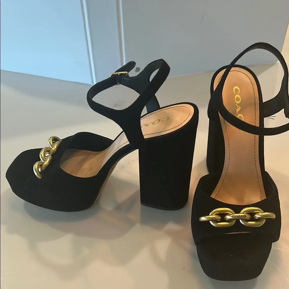 Coach Black Suede Platform Sandals with Gold Chain Accent